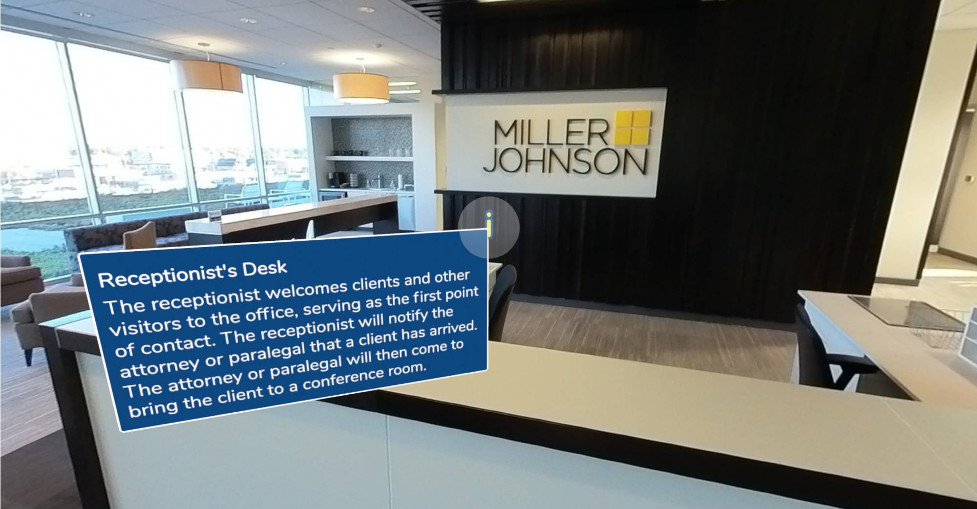 Virtual Reality view of the receptionist desk at Miller Johnson Lawyer office